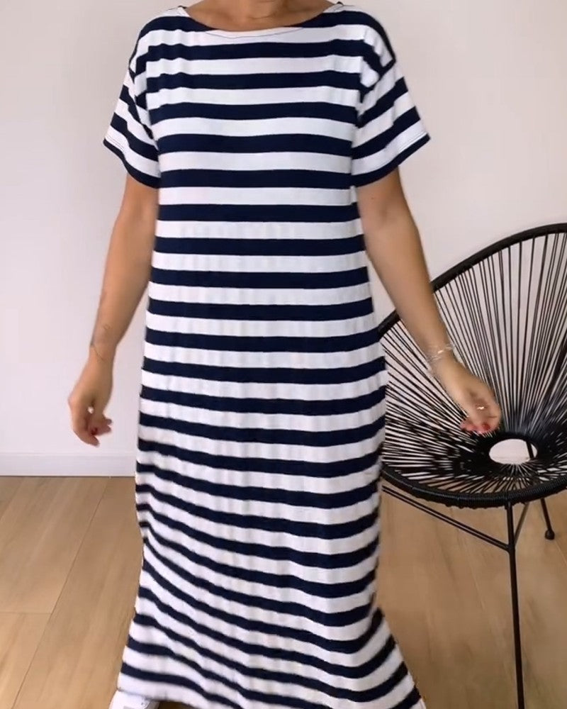 Kleid Locker Gerade Gestreift T-Shirt Lang
