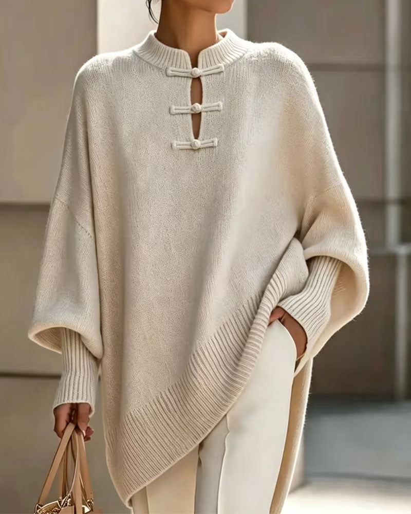 Pullover Mandarin Knoten Knopf Loose Fit Cape