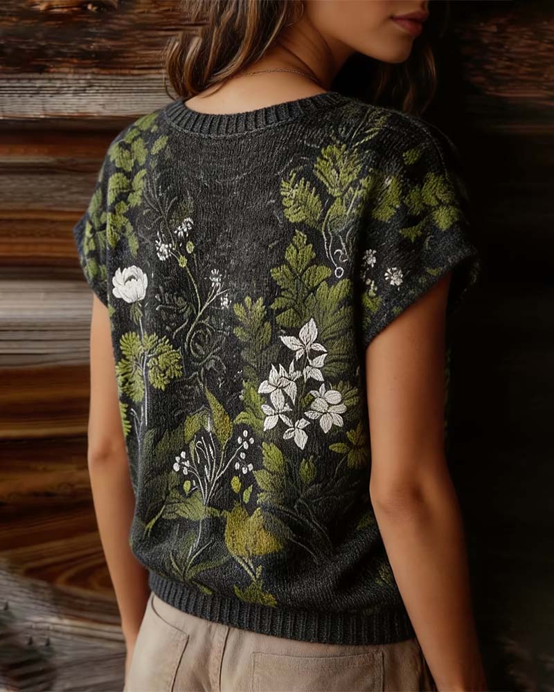 T-Shirt Rundhals Gestrickt Print Kurz
