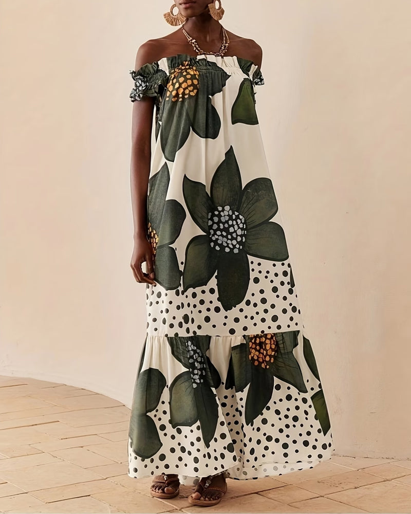 Kleid Ein Schulter Tupfen Blumen Maxi