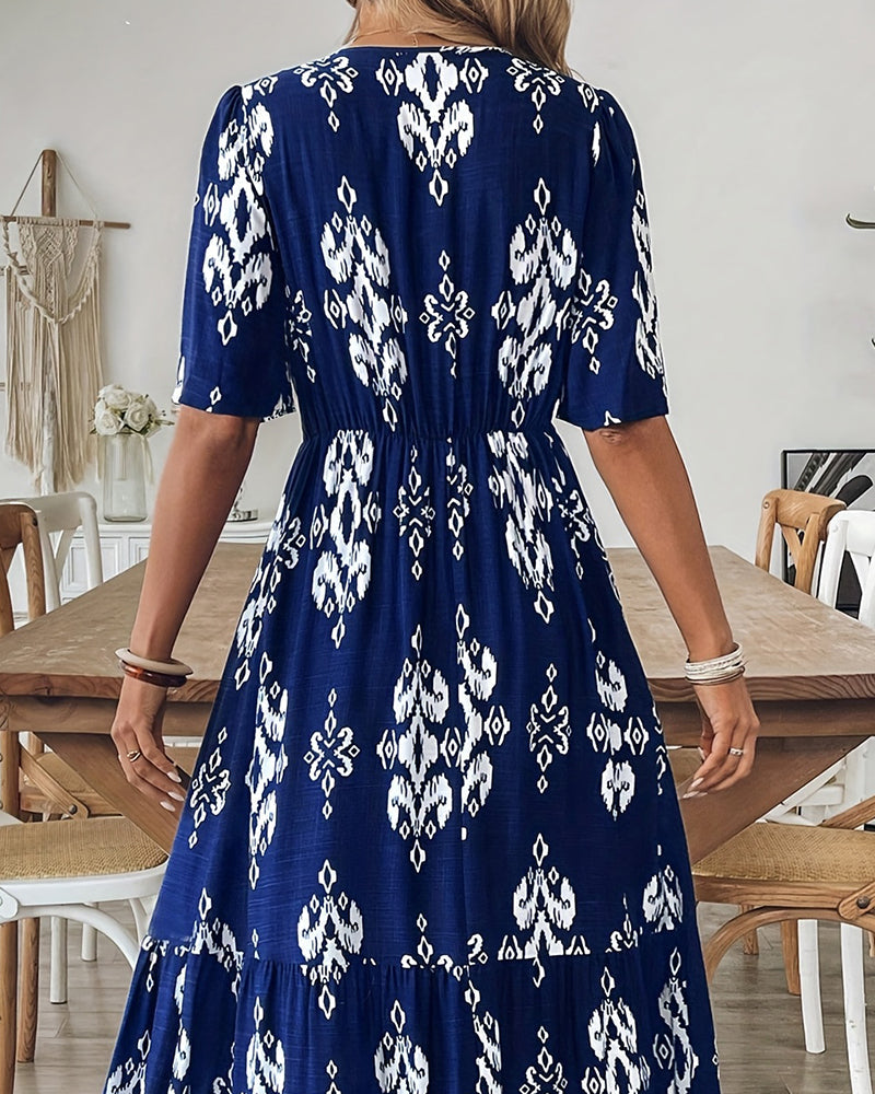 Kleid V-Ausschnitt Druck Weiter Rock Hohe Taille
