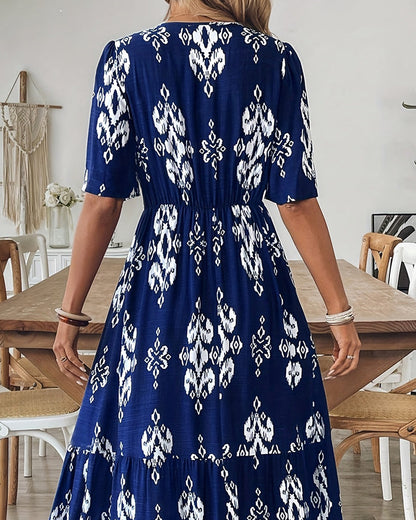 Kleid V-Ausschnitt Druck Weiter Rock Hohe Taille