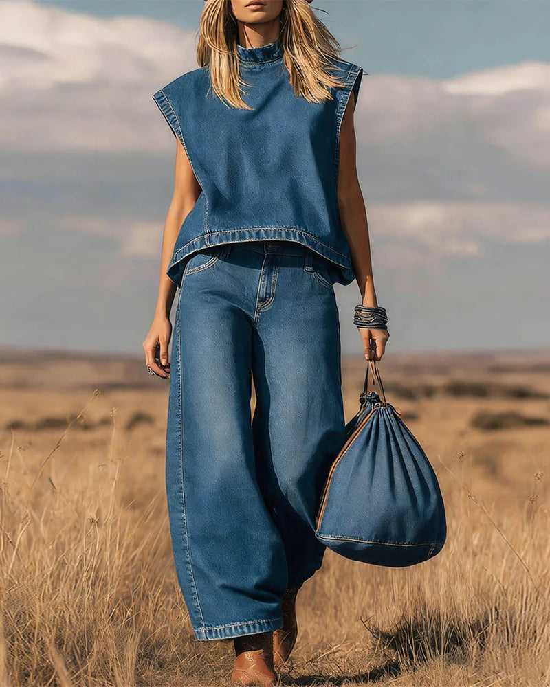 Set aus ärmellosem Oberteil und gebogenen Denimhosen