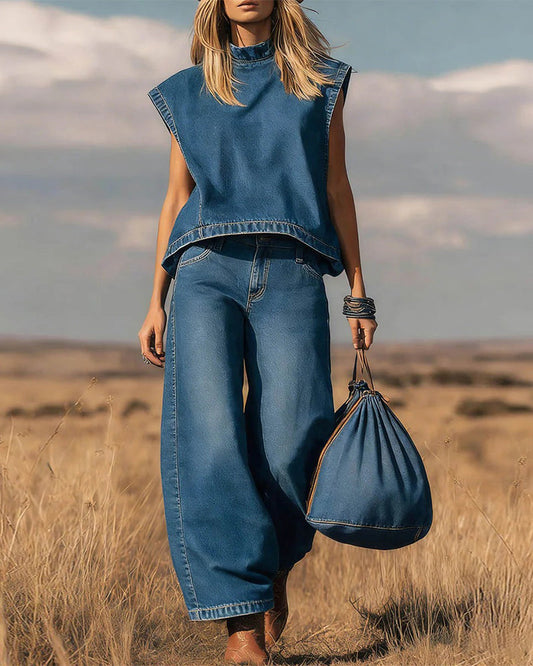 Set aus ärmellosem Oberteil und gebogenen Denimhosen