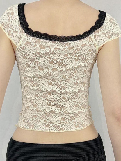 Weißes Y2k T-Shirt mit V-Ausschnitt Kurzarm und Color Block Spitzenapplikation