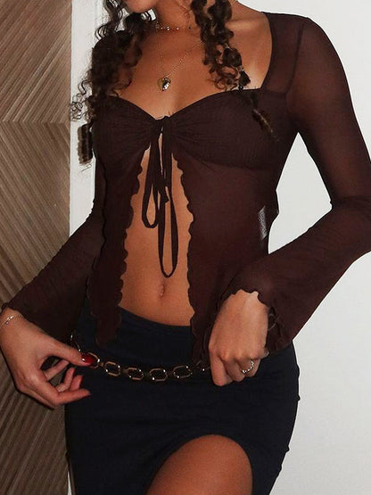 Braunes Y2k Langarm T-Shirt mit Holzdetails