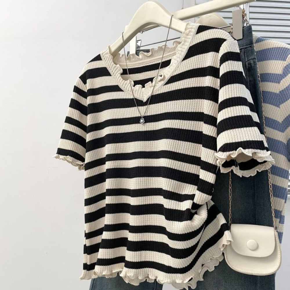 Black and White Striped Short Sleeve Top for Women - Assunta