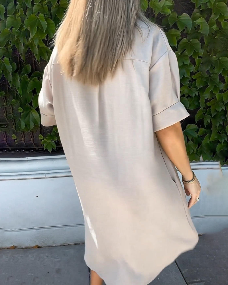 Kleid einfarbig geknöpft Schlitz Hemd