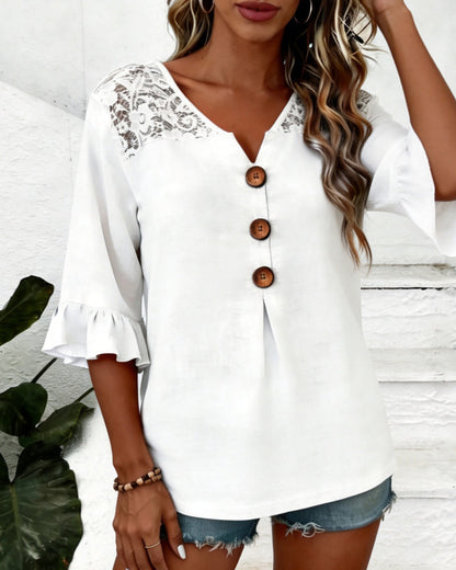 Bluse Rüsche V-Ausschnitt Spitze Patchwork