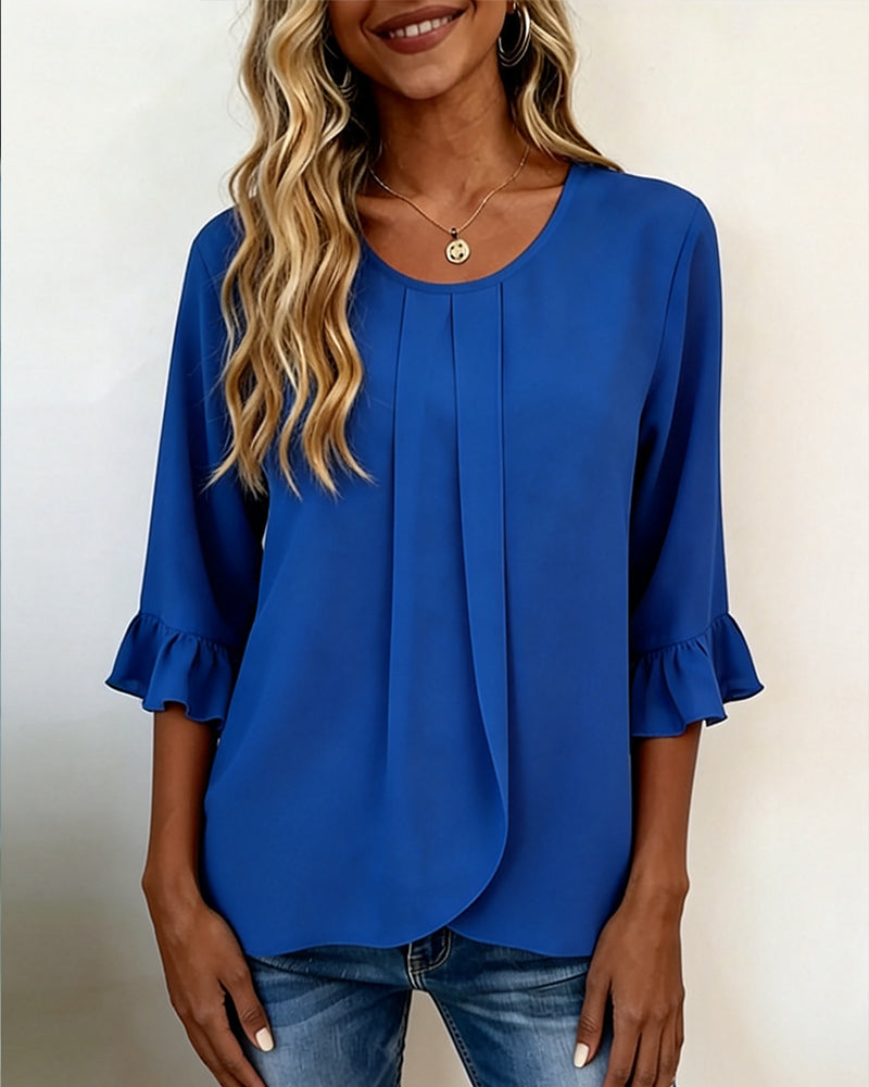 Bluse Rundhals Fältelt Rüsche Dreiviertel Ärmel