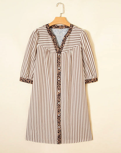 Kleid Gestreift Leopard Patchwork Hemd