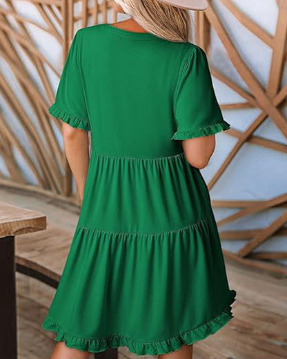 Kleid Rüschenbesatz V-Ausschnitt Stufensaum