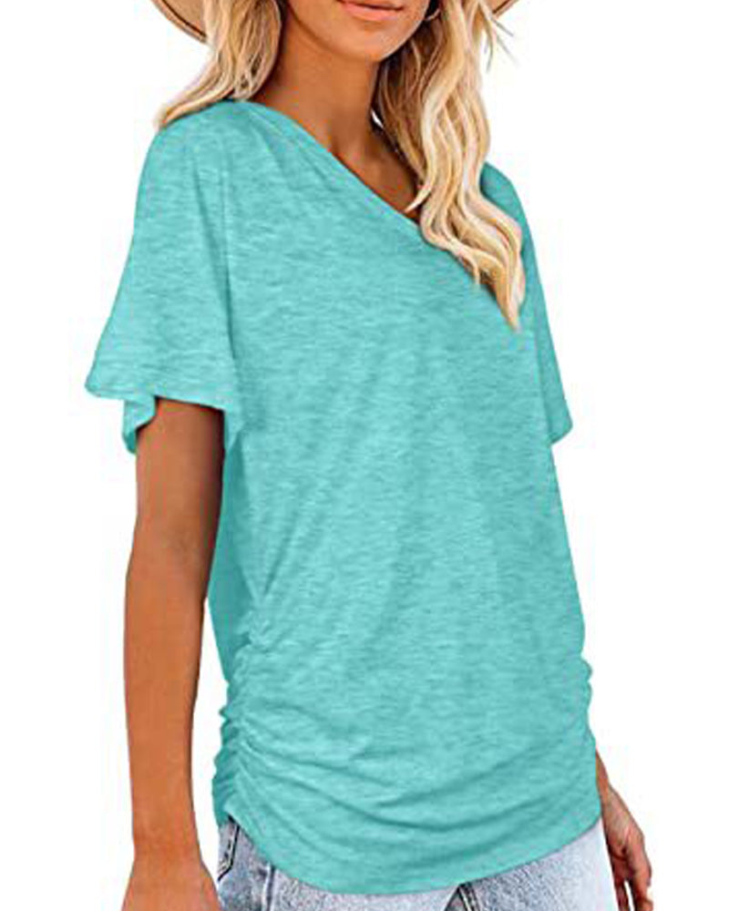 T-Shirt Plissiert Einfarbig V-Ausschnitt