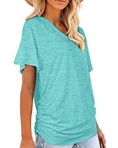 T-Shirt Plissiert Einfarbig V-Ausschnitt