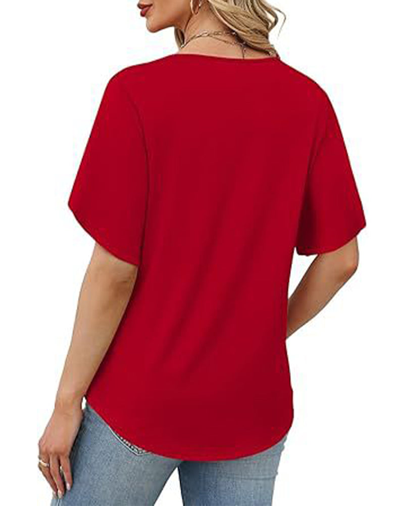 T-Shirt V-Ausschnitt Kleiner Schlitz Kurzarm Einfarbig