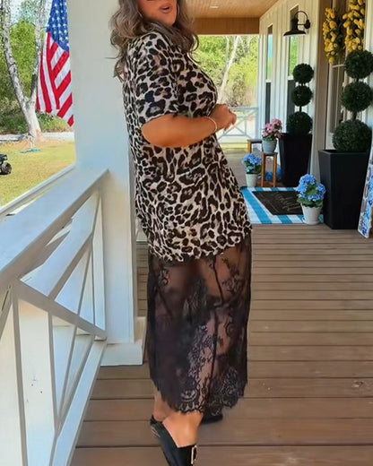 Kleid Stilvoll Kurzarm Leopardenmuster