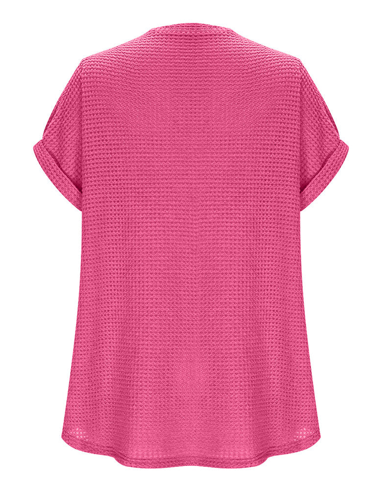 T-Shirt Damen Waffelstrick V-Ausschnitt Lässig Sommer