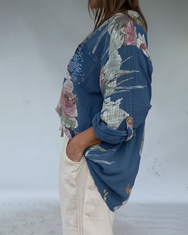 Bluse offene Vorderseite Pailletten Patchwork bedruckt