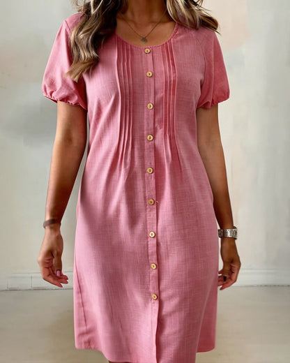 Kleid Geknöpft Plissiert Puffärmel