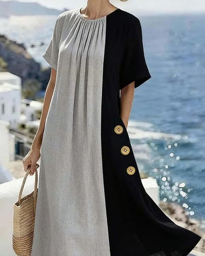 Kleid Kontrastfarbe Runder Halsausschnitt Casual Lang