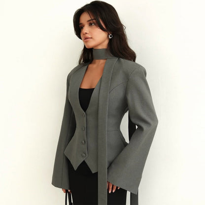 Long Sleeve Blazer Jacket with Scarf for Women - Rosella