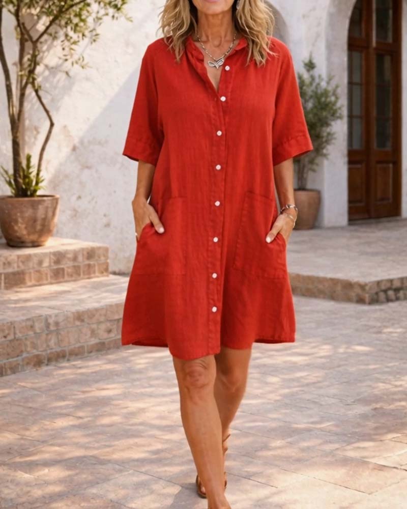 Kleid Revers Leinen Tasche Hemd