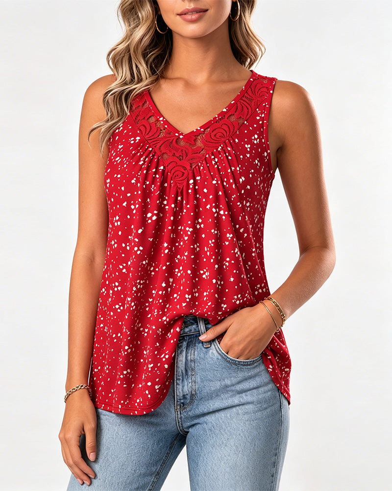 Tanktop Kleiner Blumenprint Ärmellos Spitze