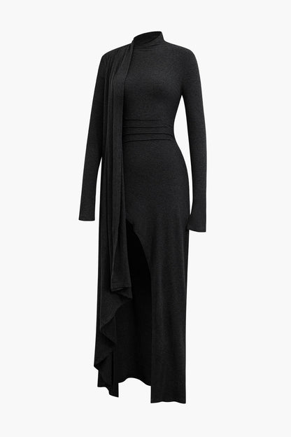 Mock Neck Wrap Dress with Ruffle Long Sleeves and Slit