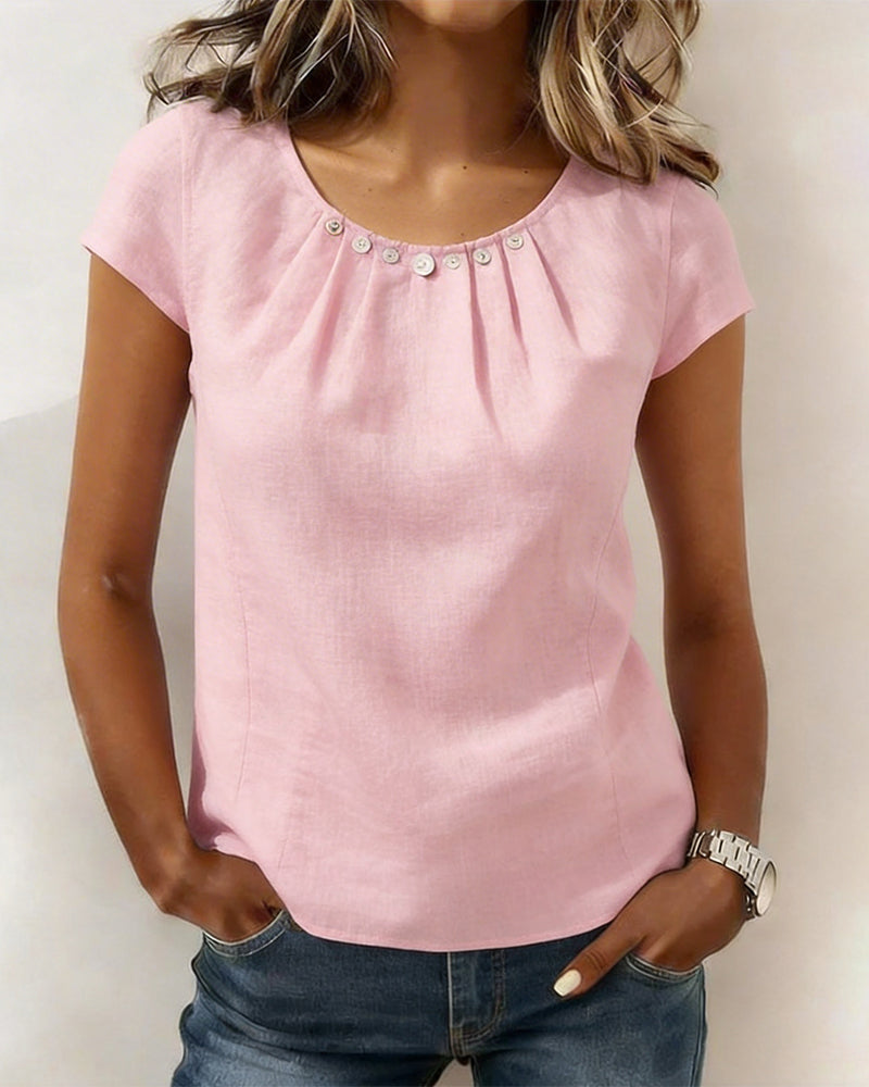 Bluse Plissiert Knopf Rundhals