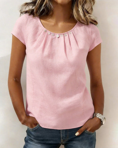 Bluse Plissiert Knopf Rundhals