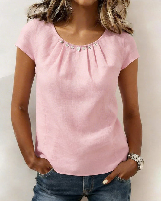 Bluse Plissiert Knopf Rundhals