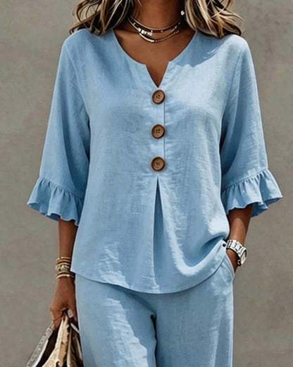 Set Rüsche Drei Knopf Bluse Weite Bein Hose