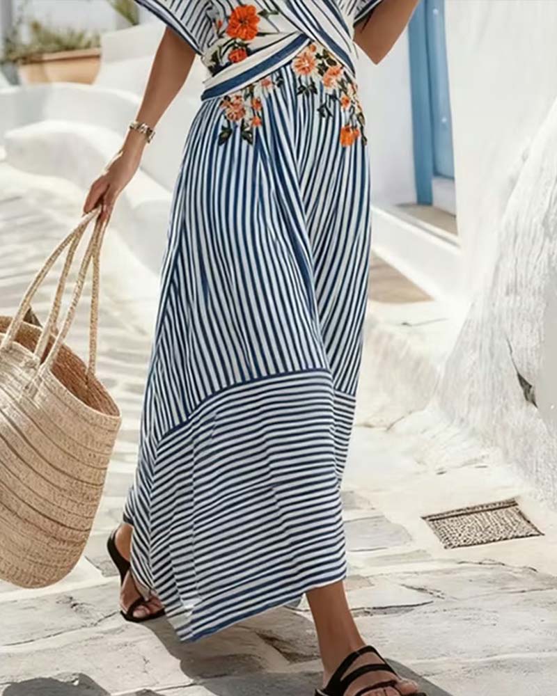 Kleid Gestreift V-Ausschnitt Wickel Maxi