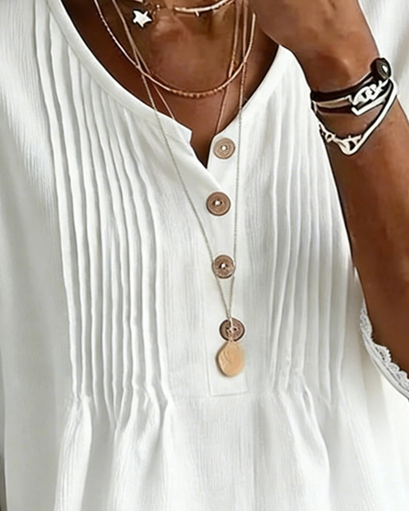 Bluse Plissiert Knopf Spitze Halbarm