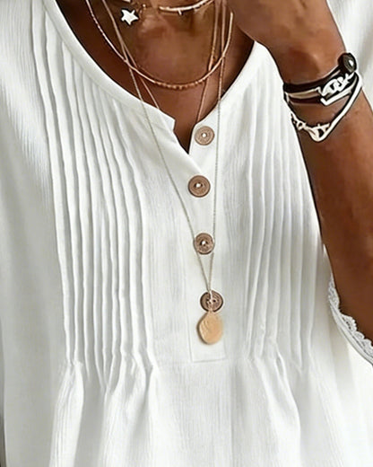 Bluse Plissiert Knopf Spitze Halbarm