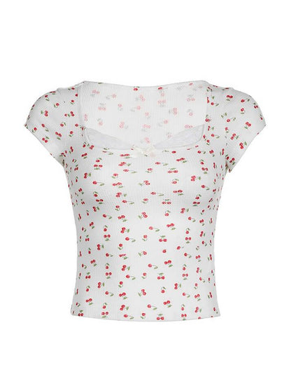 Lace Panel Cherry Print Cap Sleeve Top