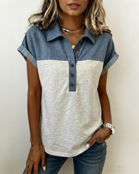 T-Shirt Knopfleiste Patchwork Umlegekragen