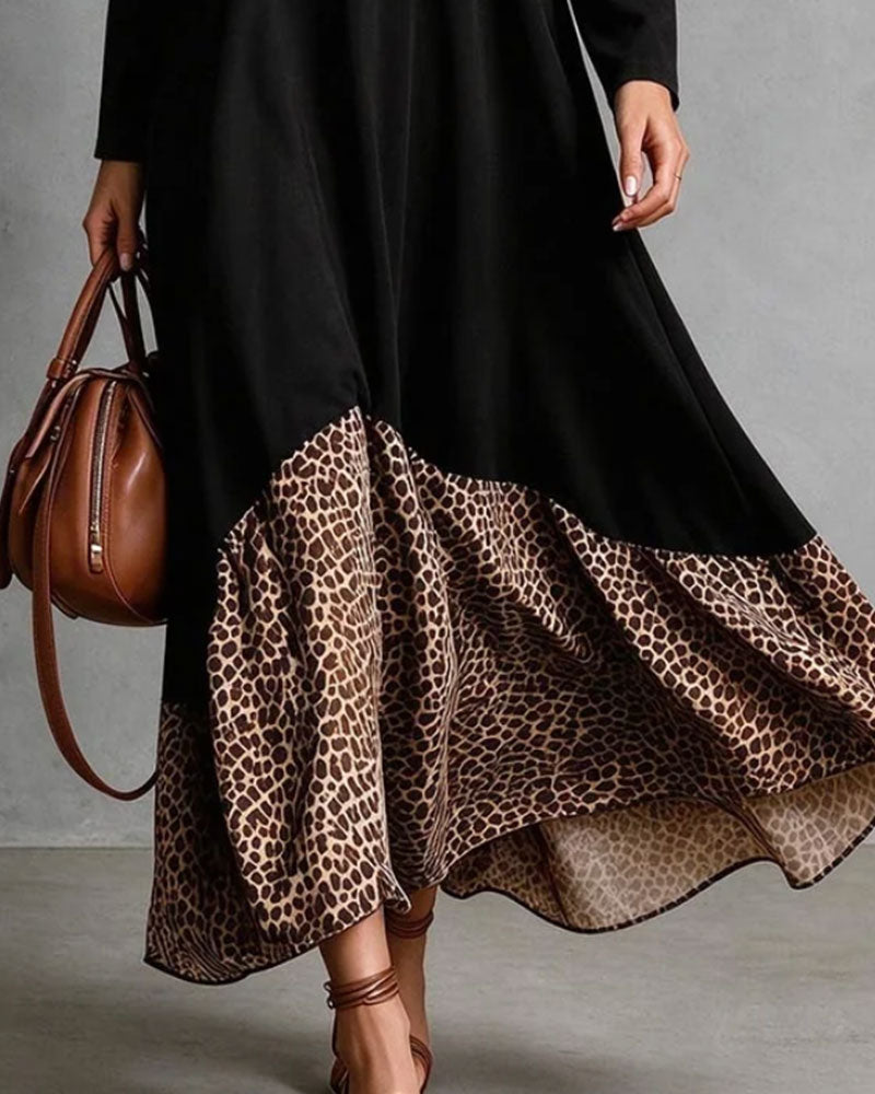 Kleid Rundhals Knopf Leopardenmuster
