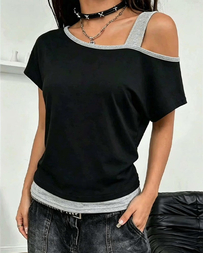 T-Shirt Ein-Schulter Farbblock Lässig
