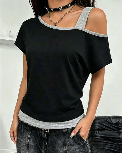 T-Shirt Ein-Schulter Farbblock Lässig