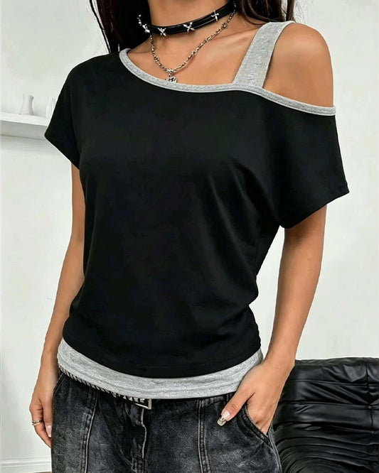 T-Shirt Ein-Schulter Farbblock Lässig
