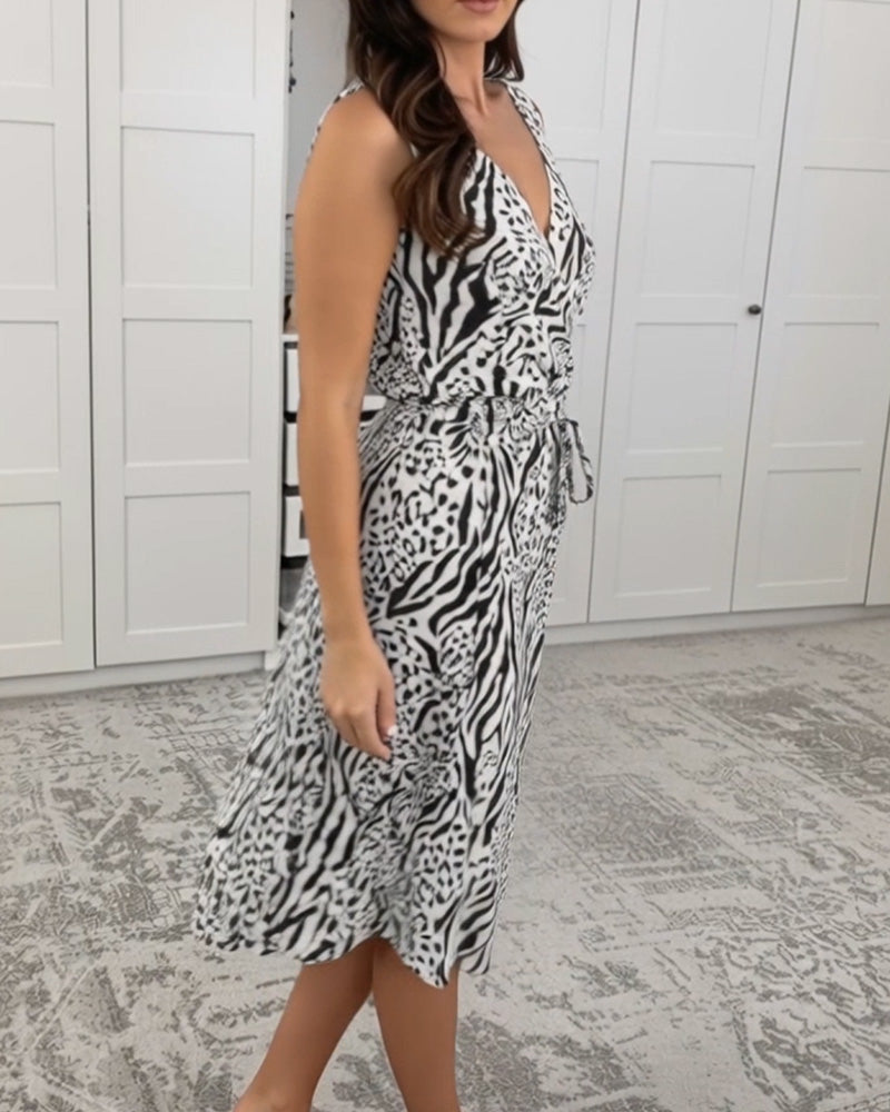 Kleid V-Ausschnitt Ärmellos Leoparddruck