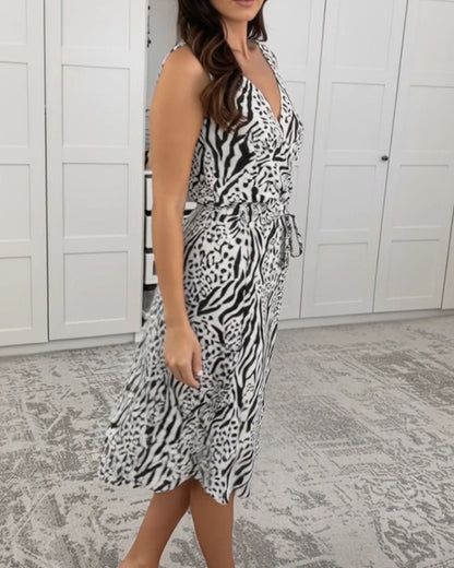 Kleid V-Ausschnitt Ärmellos Leoparddruck