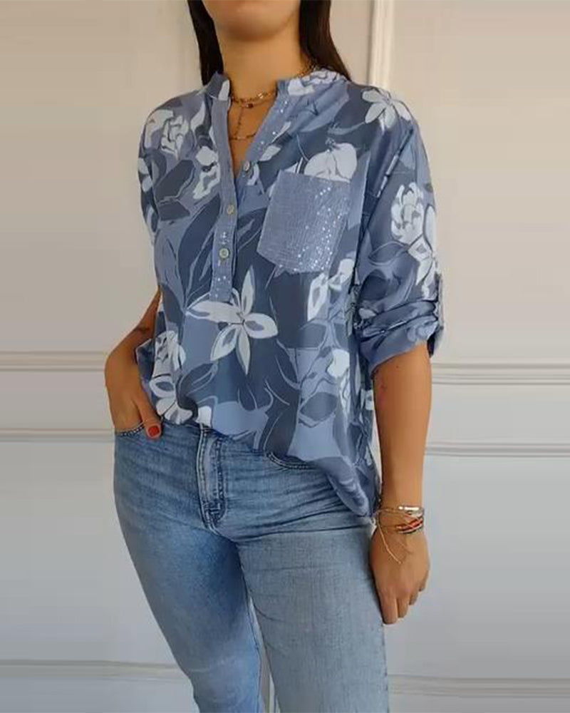 Bluse Knopfleistenkragen Pailletten Color-Block