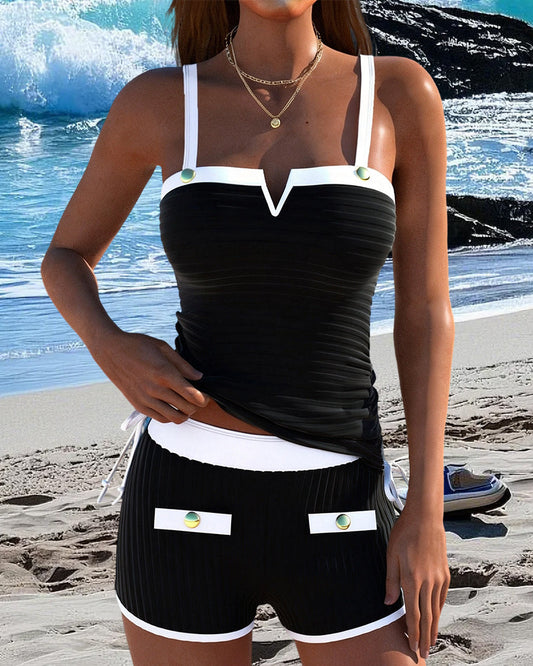 Tankini Kontrastfarbe V-Ausschnitt Geteilt Boxer