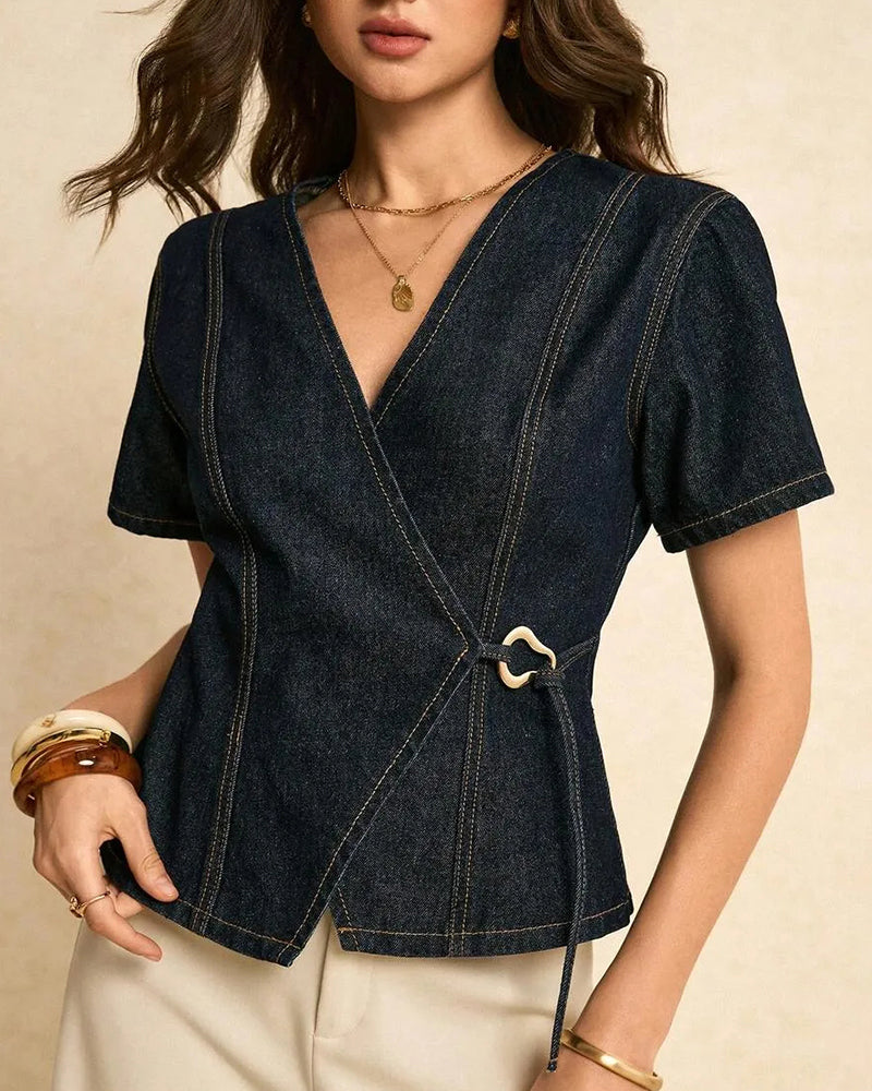 Bluse Unregelmäßig Lace-Up Denim