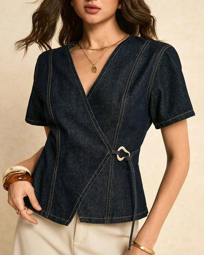 Bluse Unregelmäßig Lace-Up Denim
