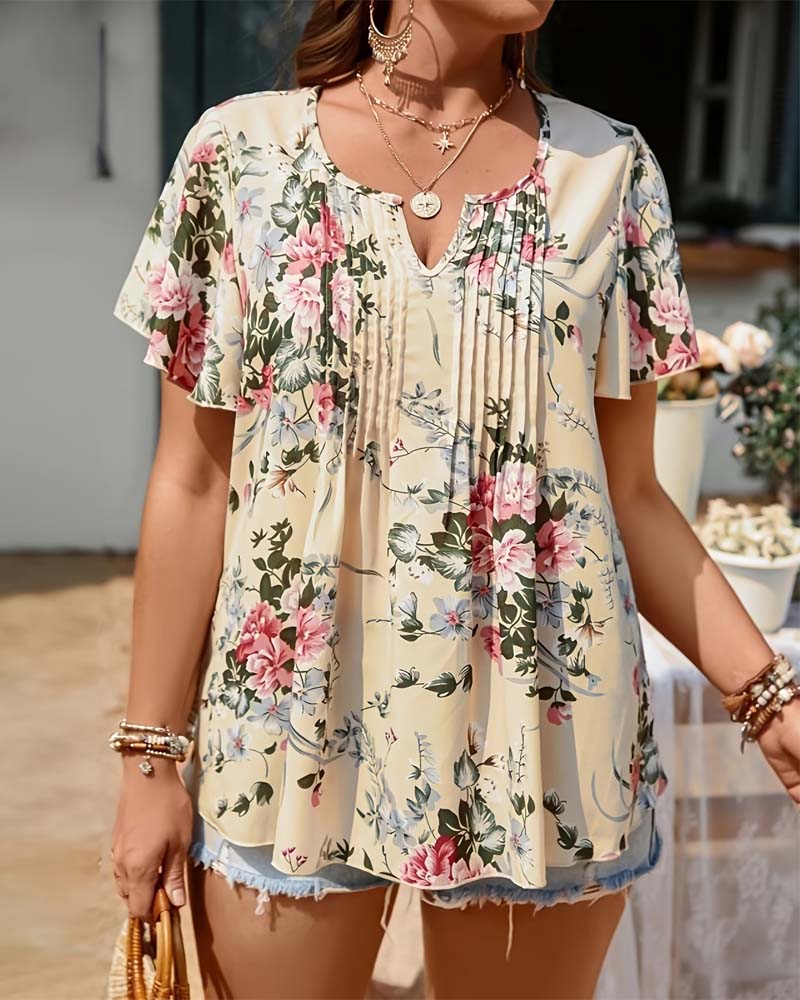 Bluse Blumendruck V-Ausschnitt Kurzarm