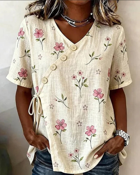 Bluse Kleine Blumen Diagonaler Vorderer Binder