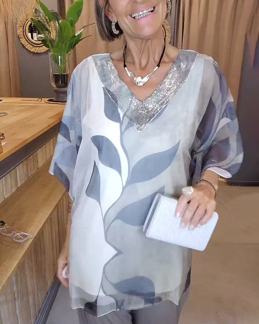 Top mit V-Ausschnitt und Glitzer-Patchwork-Print